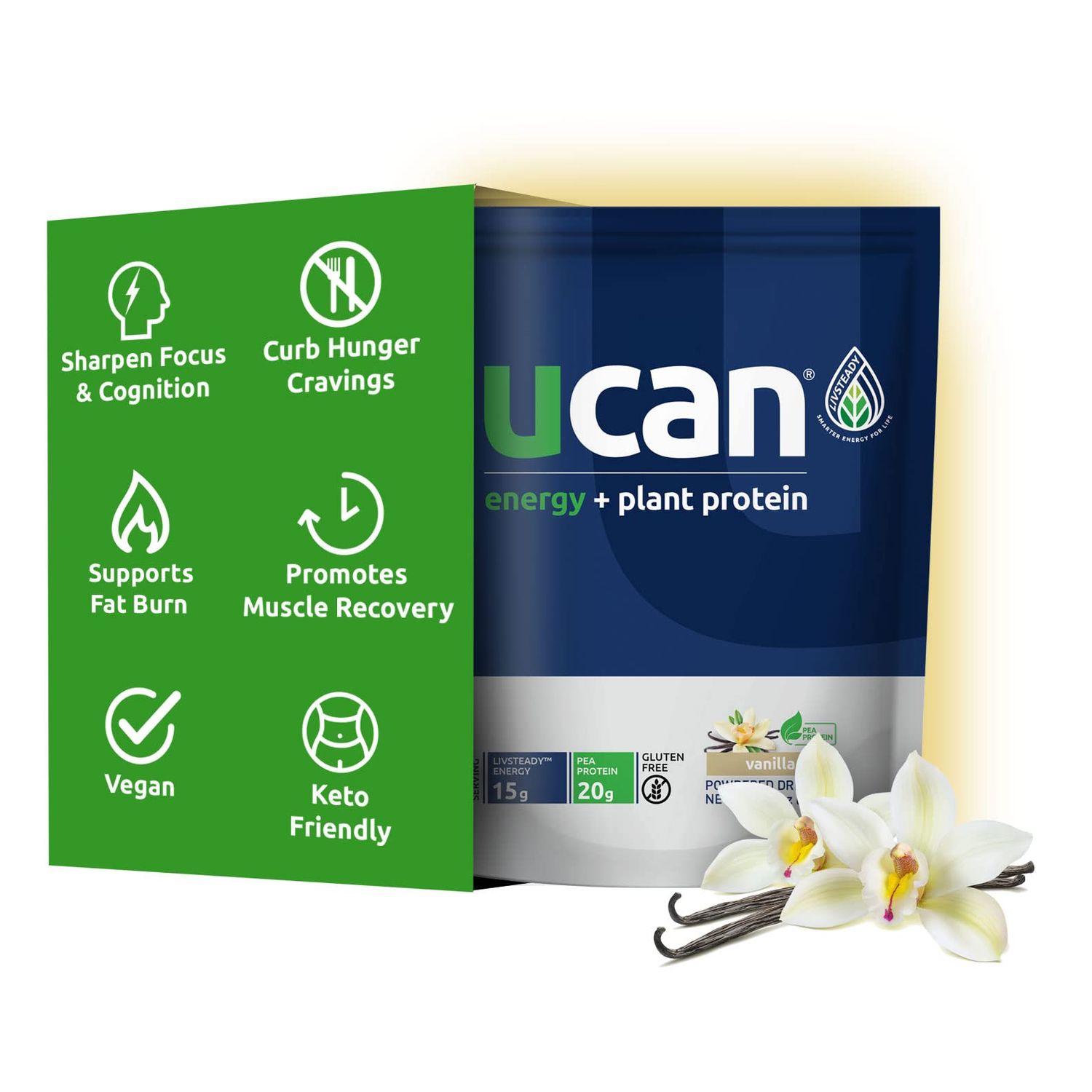 UCAN Energy  Plant Protein Powder - Vegan Plant Based Protein 20g Pea Protein with Amino Acids EAAs &amp; BCCAs - Keto Protein Powder - No Added Sugar, Gluten-Free - Vanilla - 12 Servings