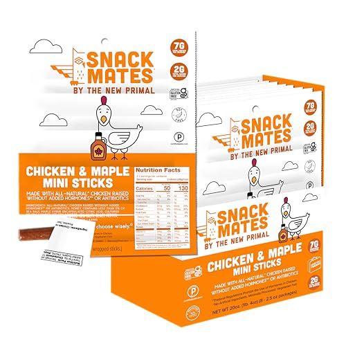 The New Primal Snack Mates Chicken &amp; Maple Sticks, Gluten Free Healthy Snacks for Kids, Low Sugar High Protein Back to School Snacks, Mini Paleo Jerky Meat Stick, 7g Protein, 50 Calories, 40 Pack