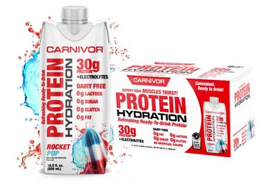 MuscleMeds Carnivor Protein Hydration RTD, Refreshing Ready to Drink, 30 g Isolate Protein, Lactose Free, Sugar Free, Electrolytes, Muscle Building, Recovery, Halal Certified, Rocket Pop, 16.9 Fl Oz