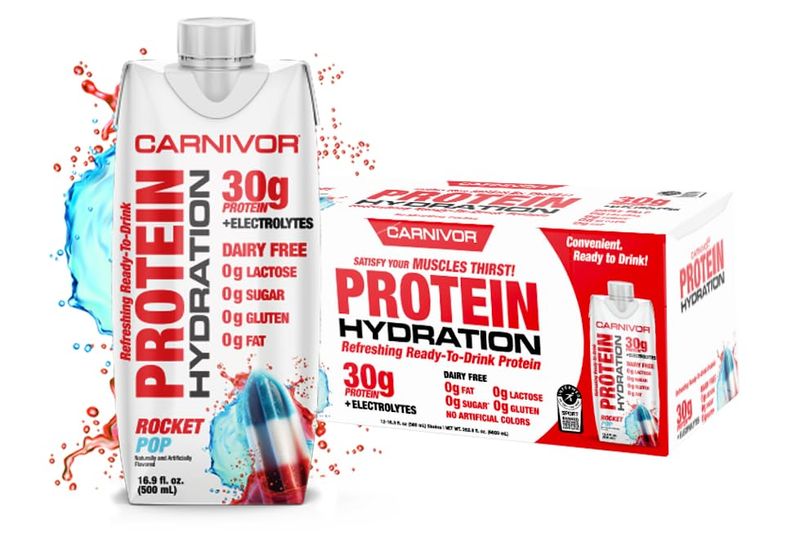 MuscleMeds Carnivor Protein Hydration RTD, Refreshing Ready to Drink, 30 g Isolate Protein, Lactose Free, Sugar Free, Electrolytes, Muscle Building, Recovery, Halal Certified, Rocket Pop, 16.9 Fl Oz