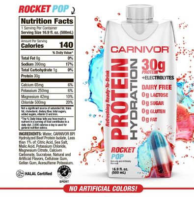 MuscleMeds Carnivor Protein Hydration RTD, Refreshing Ready to Drink, 30 g Isolate Protein, Lactose Free, Sugar Free, Electrolytes, Muscle Building, Recovery, Halal Certified, Rocket Pop, 16.9 Fl Oz