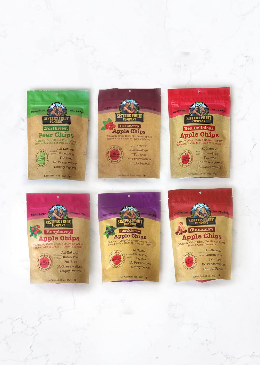 Sisters Fruit Company, VARIETY PACK, Apple &amp; Pear Chips, All Natural, No Preservatives, Fat-Free (SIX 2.25 OZ BAGS)