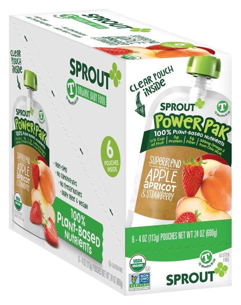 Sprout Organic Baby Food, Stage 4 Toddler Pouches, Apple Apricot &amp; Strawberry Power Pak, 4 Oz Purees (Pack of 6)