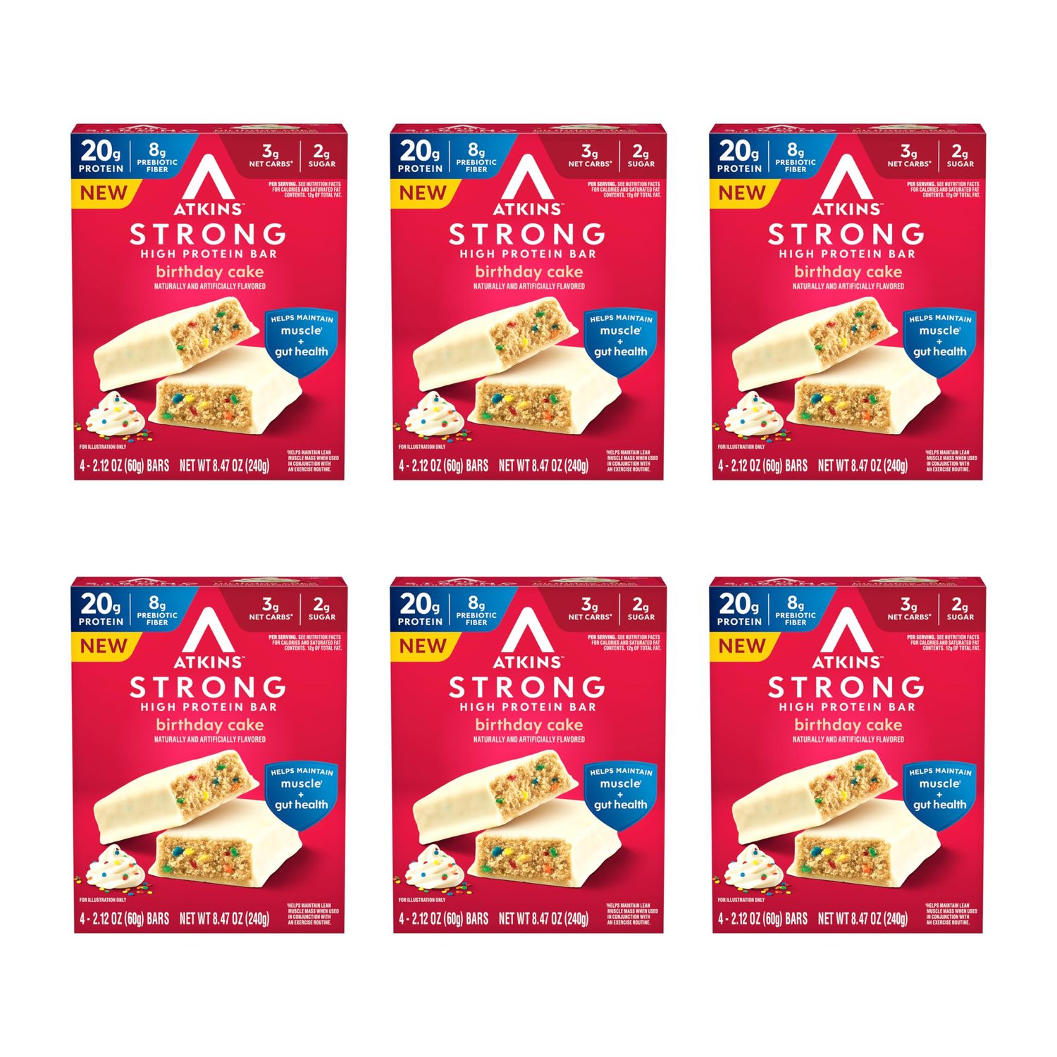 Atkins STRONG Protein Bars, Birthday Cake, High Fiber, Low Net Carbs, 4 Count (Pack of 6)