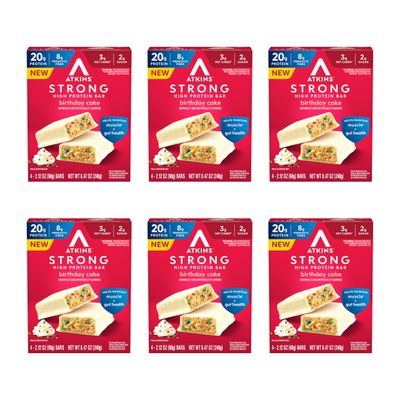 Atkins STRONG Protein Bars, Birthday Cake, High Fiber, Low Net Carbs, 4 Count (Pack of 6)