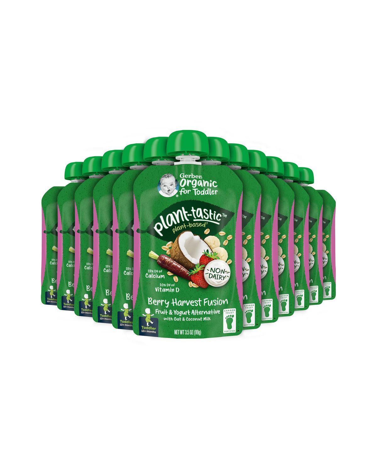 Gerber Organic Baby Food Pouches, Toddler, Plant-tastic, Berry Harvest Fusion, Fruit &amp; Yogurt Alternative with Oat &amp; Coconut Milk, Non-Dairy, 3.5 oz (Pack of 12)