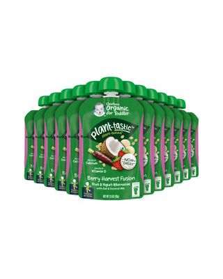 Gerber Organic Baby Food Pouches, Toddler, Plant-tastic, Berry Harvest Fusion, Fruit &amp; Yogurt Alternative with Oat &amp; Coconut Milk, Non-Dairy, 3.5 oz (Pack of 12)