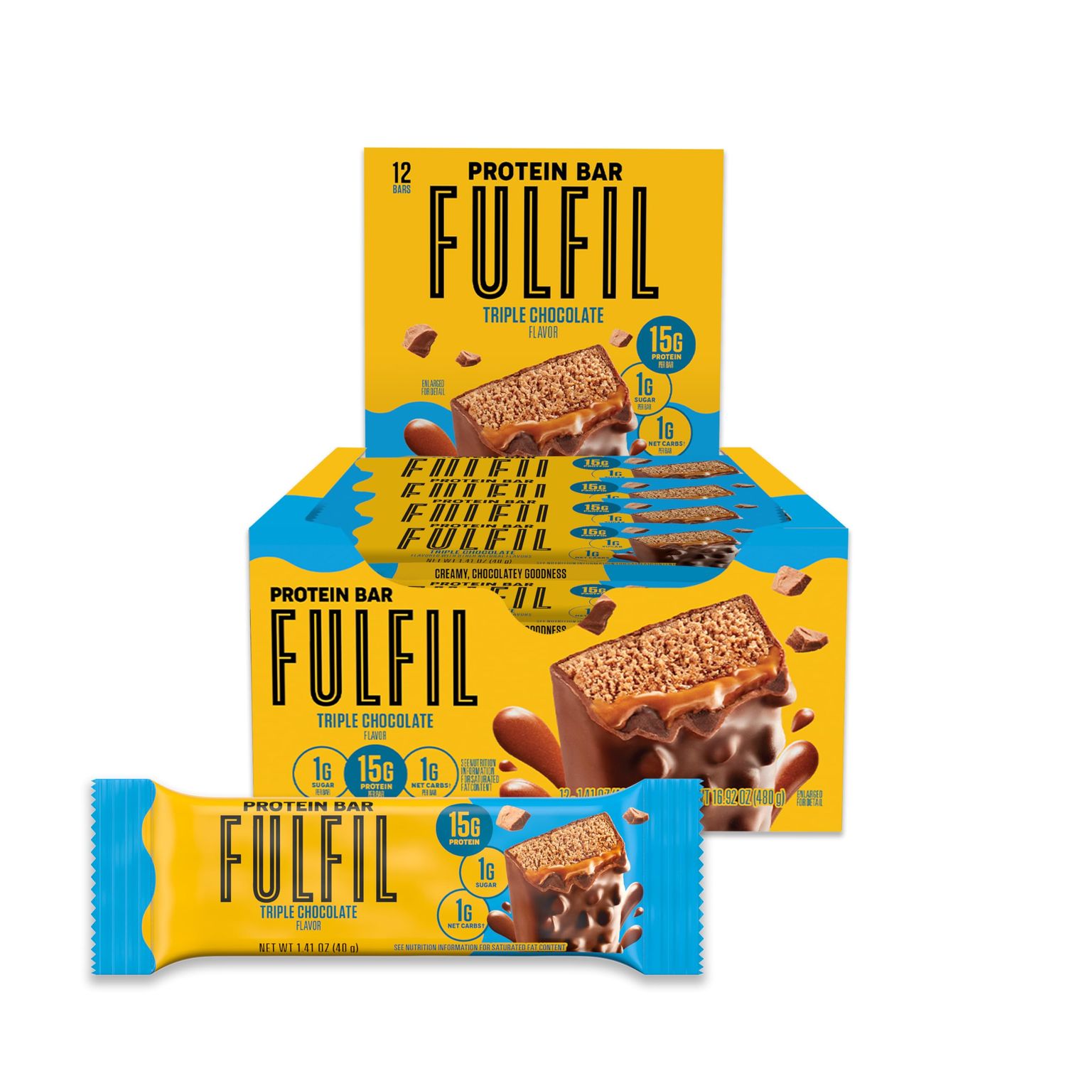 FULFIL Protein Snack Bars Flavored, Triple Chocolate, Gluten Free with 15g Protein, Pantry Staples, 12 Count