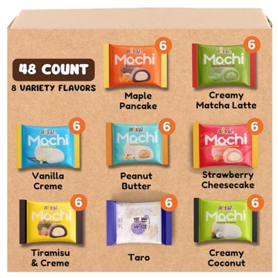Japanese Mochi Daifuku, Wagashi Assorted Flavors 48 count, 8 variety flavors, peanut butter. vanilla creme, tiramisu, matcha, and more.