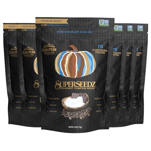 SuperSeedz Dry Roasted Pumpkin Seeds - Dark Chocolate &amp; Sea Salt Pepitas, Whole 30, Vegan, Keto, 7g Plant Based Protein, Produced in USA, Nut Free, Fresh Gluten Free Snack (4oz, 6-pack)