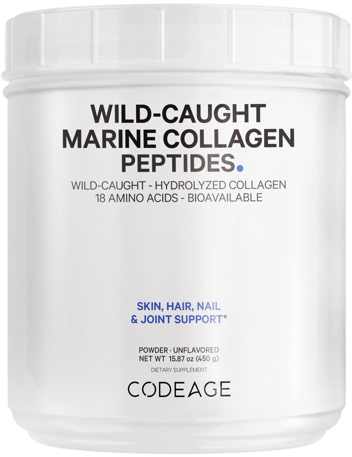 Codeage Marine Collagen Powder - Wild-Caught Hydrolyzed Fish Collagen Peptides - Type 1 &amp; 3 Collagen Protein Supplement - Amino Acids for Skin, Hair, Nails - Paleo Friendly, Non-GMO, 15.87 Ounces