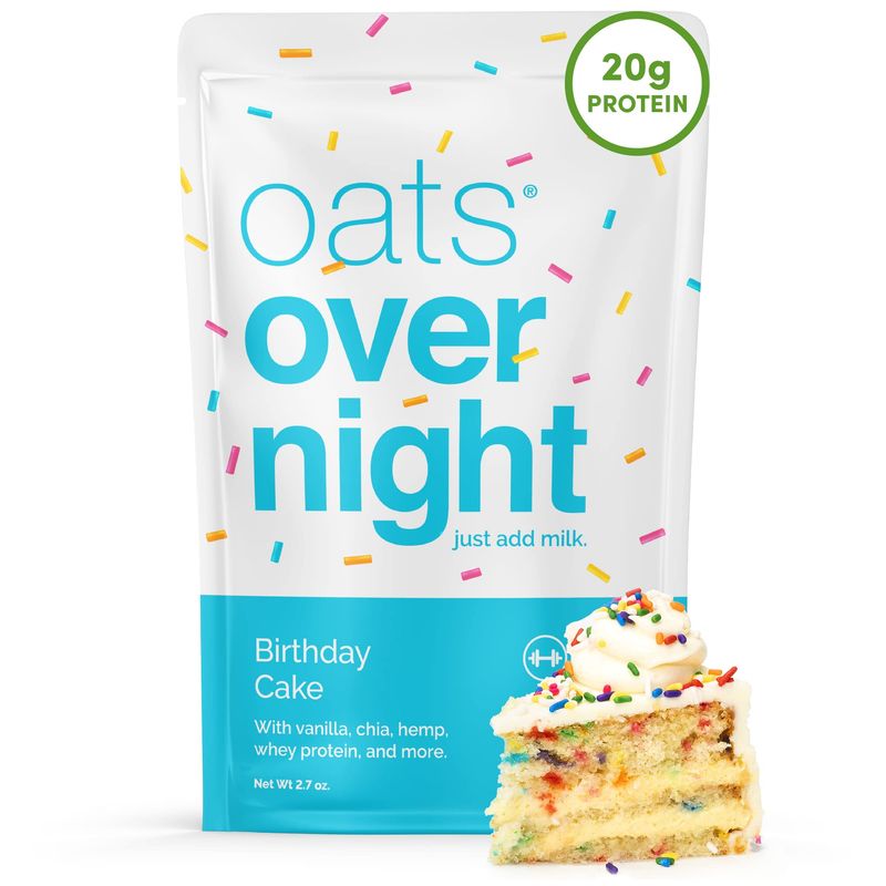 Oats Overnight Birthday Cake - Overnight Oats with 20g Protein, 5g Fiber Breakfast Protein Shake - Gluten Free Oatmeal, Non GMO High Protein Oatmeal (2.7 oz per meal) (24 Pack)