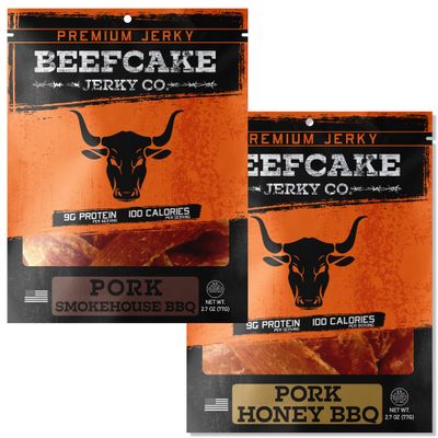BEEFCAKE Jerky Tender Pork SmokeHouse &amp; Honey BBQ Gourmet Meat Snacks, 9 Gram of Protein and 100 Calories 2.7 Oz  Pack of 2