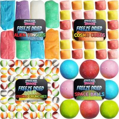 Premium Freeze Dried Candy Variety Pack with 4 Kinds of Candy - Alien Tongues, Cosmo Cubes, Sour Cosmic Crunchies, Space Balls and Stickers - Freeze Dried Candy Sampler Shipped in Box for Protection