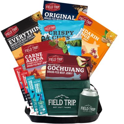 Field Trip Chicken and Beef Jerky Food Gift Basket, 5 Jerky Variety Pack,1 Pork Rind, 2 Turkey Sticks, and 2 Meat Sticks, High Protein, Low Calorie Snack Packs in Cooler