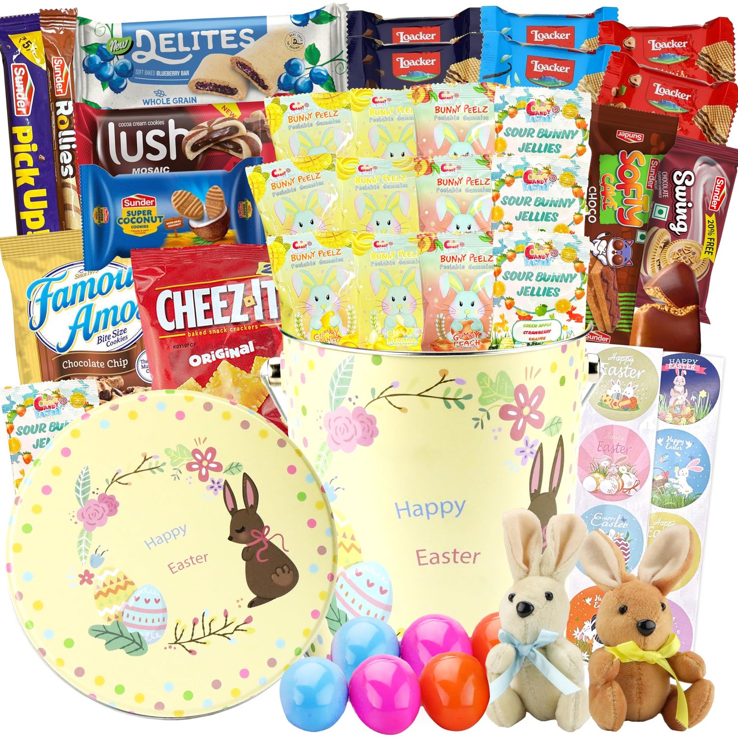 Easter Snack Yellow Tin (46 Count) Filled with Candy, Peelable Gummies, Bunny and More, Great Package for Family, Friends, Boys and Girls