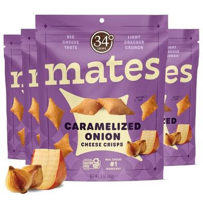 34 Degrees Mates Caramelized Onion Cheese Crisps - Light &amp; Crispy Gouda Cheese Crackers  Gluten-Free, Low Calorie, Healthy Snack for Adults &amp; Kids - 4 Pack