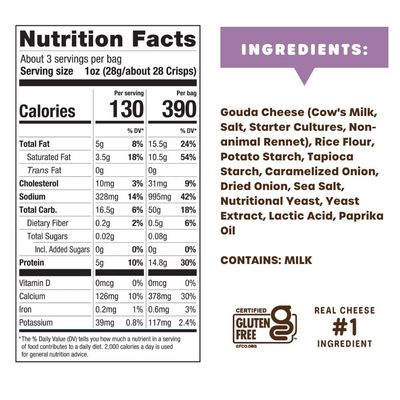 34 Degrees Mates Caramelized Onion Cheese Crisps - Light & Crispy Gouda Cheese Crackers Gluten-Free, Low Calorie, Healthy Snack for Adults & Kids - 4 Pack
