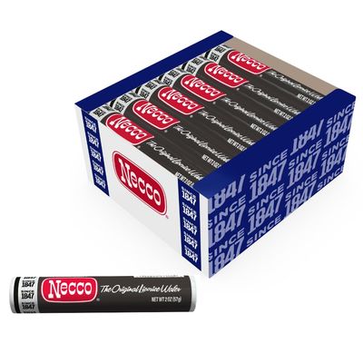 NECCO Wafers Licorice Wafers Display Pack - Classic Black Licorice Candy in Bulk Box, Single Variety Flavor, Gourmet Candy for Halloween, Office, and Pantry - 2-Ounce Rolls (Pack of 18)