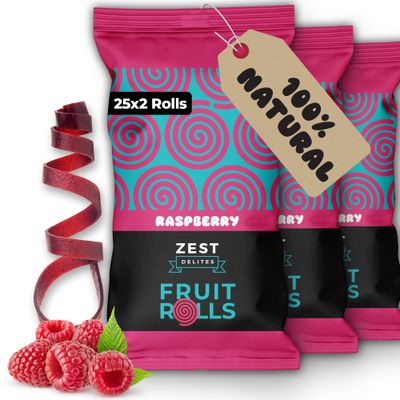 Fruit Rolls by Zest Delites, 100% Natural Healthy Fruit Snacks Bulk for Kids &amp; Adults, Made from Real Raspberry Leather, Vegan, School Lunch Snack, A Twist on Raspberry Strips, 25 Packs