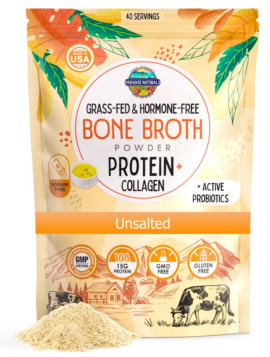 Paradise Naturals Organic Bone Broth Protein Collagen Powder, Unsalted, Quick-Dissolve, Grass-Fed Hormone Free, Gluten-Free, Paleo Keto Friendly 15g Protein, Active Probiotics, Joints, Gut Health