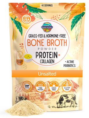 Paradise Naturals Organic Bone Broth Protein Collagen Powder, Unsalted, Quick-Dissolve, Grass-Fed Hormone Free, Gluten-Free, Paleo Keto Friendly 15g Protein, Active Probiotics, Joints, Gut Health