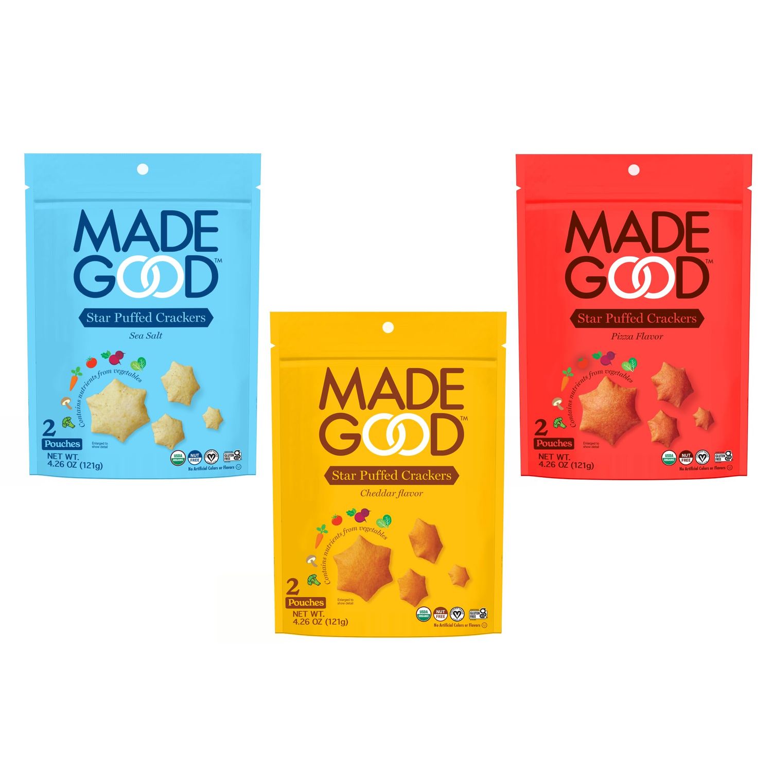 MadeGood Star Puffed Crackers Variety Pack - Sea Salt, Cheddar, and Pizza (6 Bags - 4.26 Oz Each) Gluten Free and Organic, Healthy Snacks