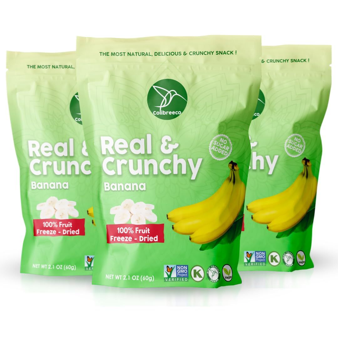 Colibreeco, Freeze-Dried Fruit, Bananas, 2.1 Ounce (Pack of 3), Real and Crunchy, Non-GMO, Kosher and Vegan, 100% Fruit, No Sugar Added, Excellent for Healthy Snacks and Gluten Free.
