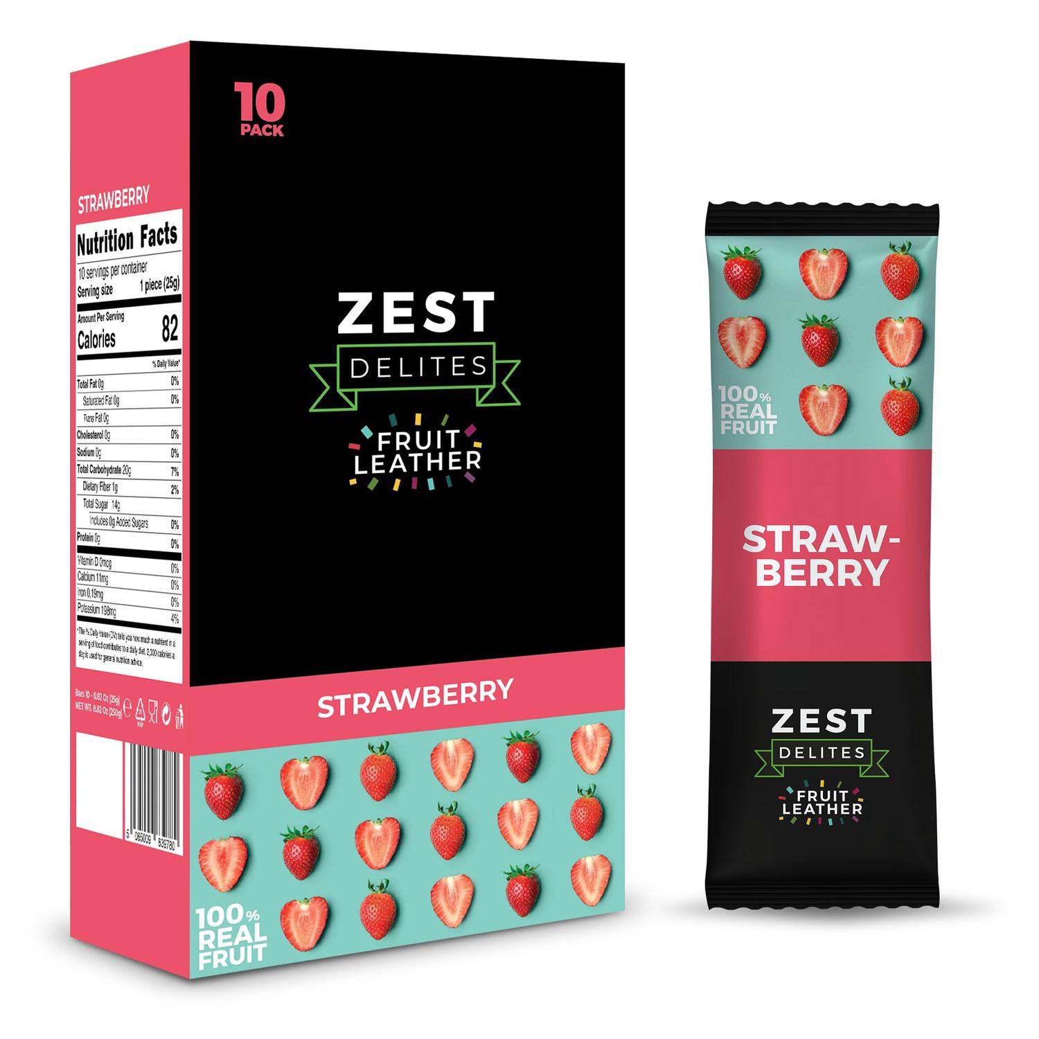 Dried Fruit Bars by Zest Delites, Fruit Leather Snacks, Strawberry Strips, Healthy Snacks Pack for Adults, Lavashak, Vegan, Apple-Based, Strawberry, 0.88 oz x 10