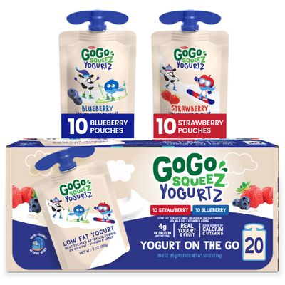 GoGo squeeZ yogurtZ Variety Pack, Blueberry, Strawberry 3 oz (20 Pouches) - Kids Snacks Made from Real Yogurt &amp; Fruit - Pantry Friendly - No Fridge Needed - No Preservatives - Kosher - Gluten Free
