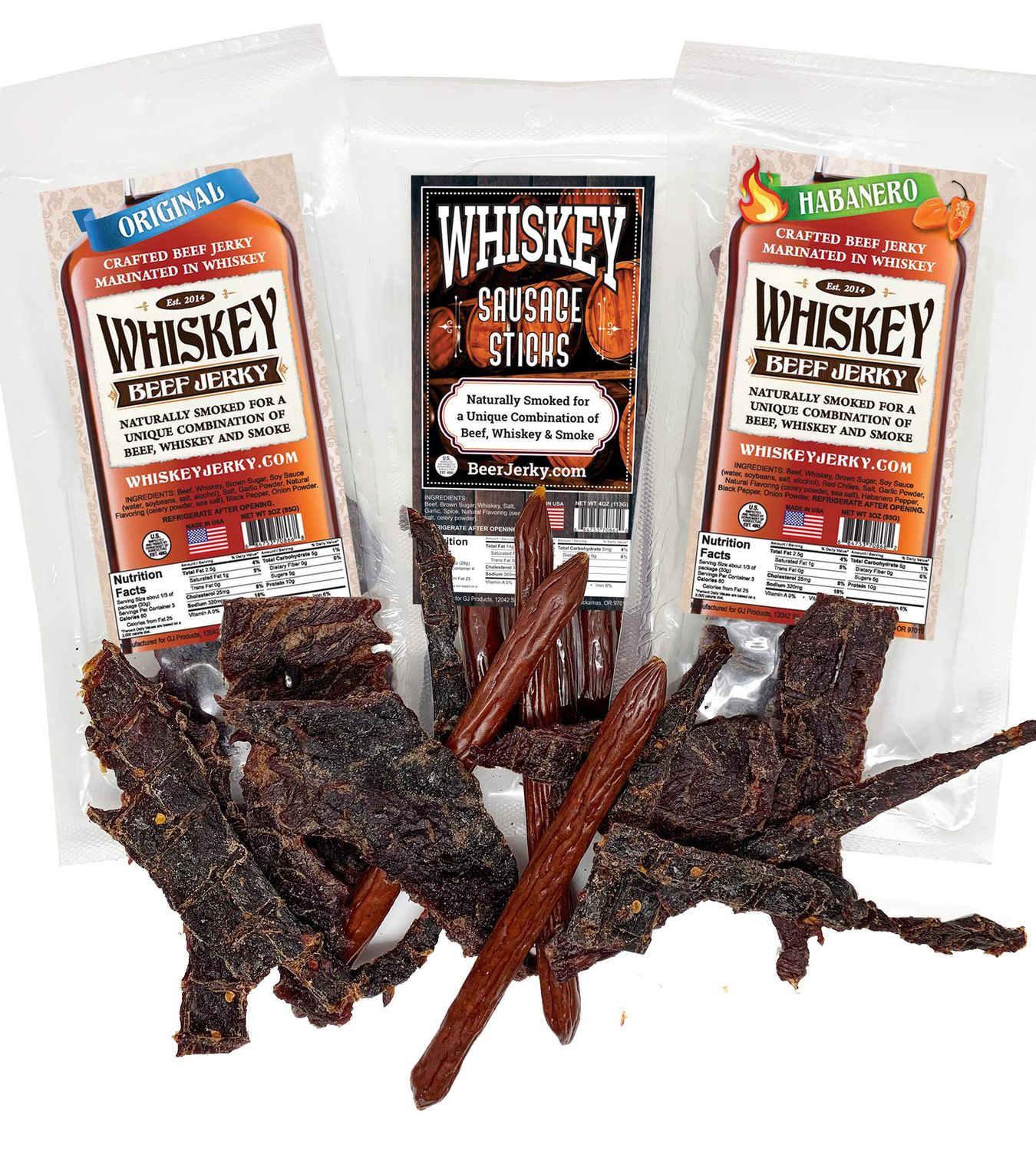 BeerJerky.com, Beef Marinated in Whiskey and Sausage Sticks Marinated in Whiskey, Variety 3-Packs, Jerky Gifts for Men Original &amp; Habanero Jerky and Sausage