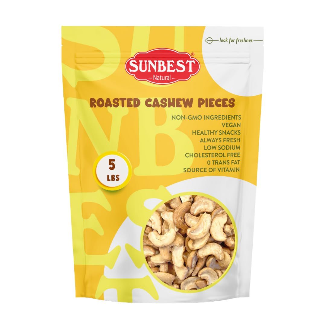 Sunbest Natural - Dry-Roasted &amp; Unsalted Premium Cashew Pieces, 5 lbs (80 oz), Healthy Snack, Diet Friendly, Low Sodium Superfood, Certified Kosher Cashews