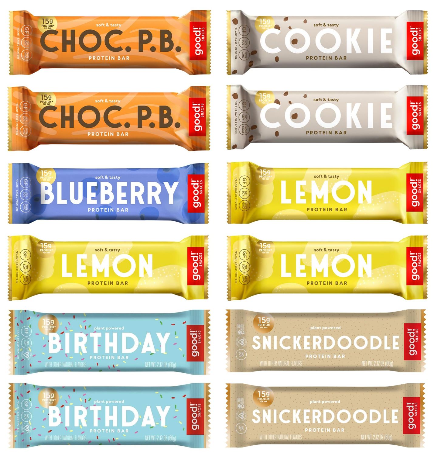good! Snacks Vegan 6 Flavor Pack Protein Bars  Gluten-Free, Plant Based, Low Sugar, Kosher, Soy Free, Non GMO  15g Protein (12 Bars)