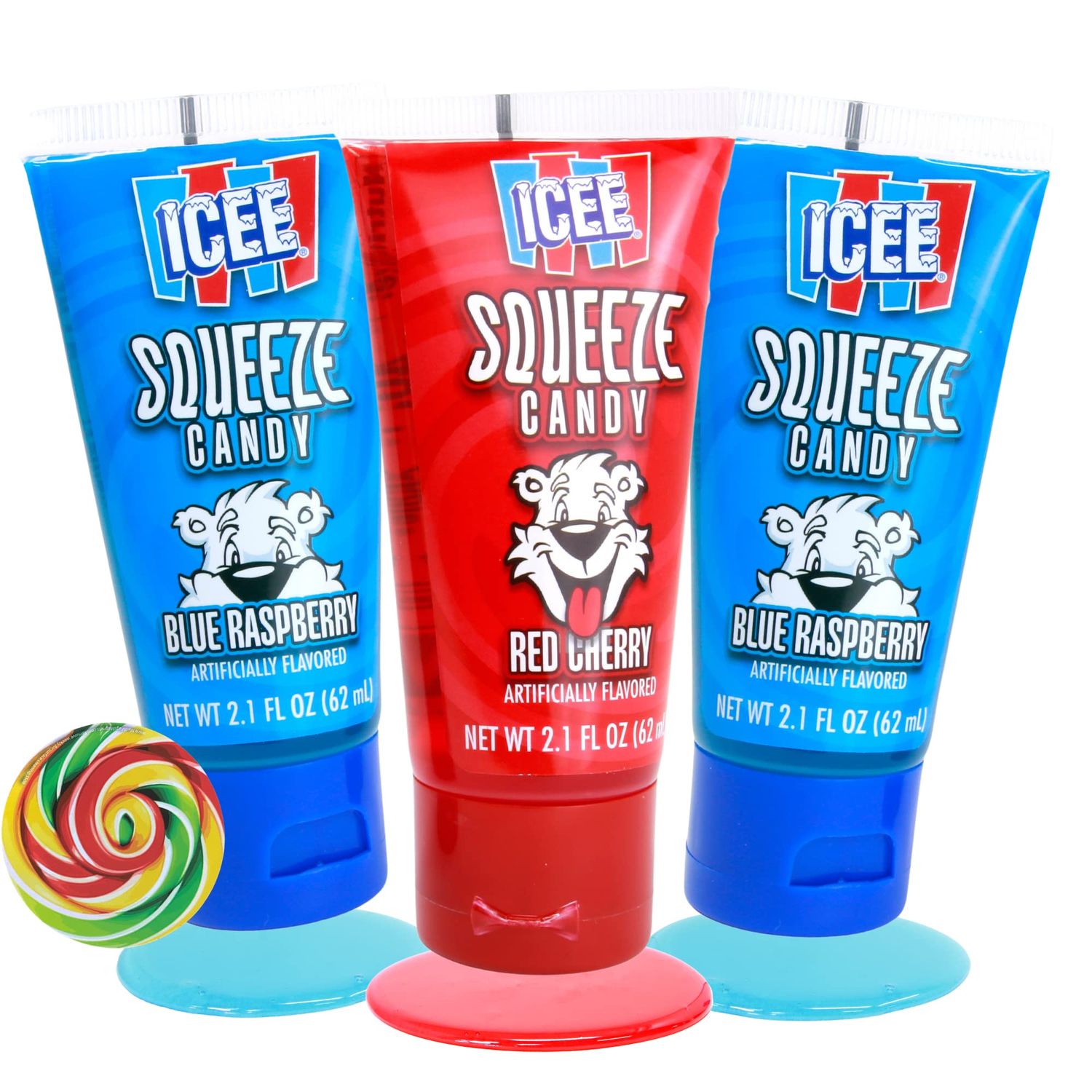 Needzo ICEE Squeeze Candy Gel Tubes, Blue Raspberry and Cherry Flavored Squeezable Liquid Candies, Movie Night Snacks or On The Go Sweets, 3 Pack, 2.1 Ounces