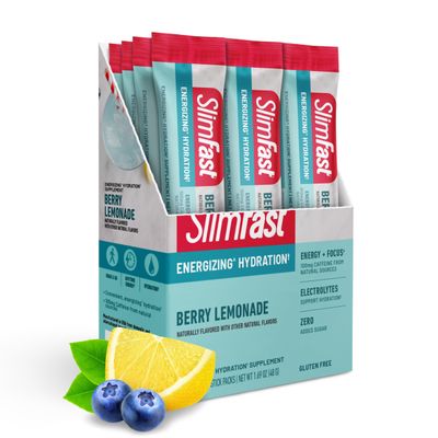 SlimFast Hydration Packets, Intermittent Fasting Electrolytes, Energy Powder Drink Mix, Caffeine from Natural Sources- Berry Lemonade (12 Count)