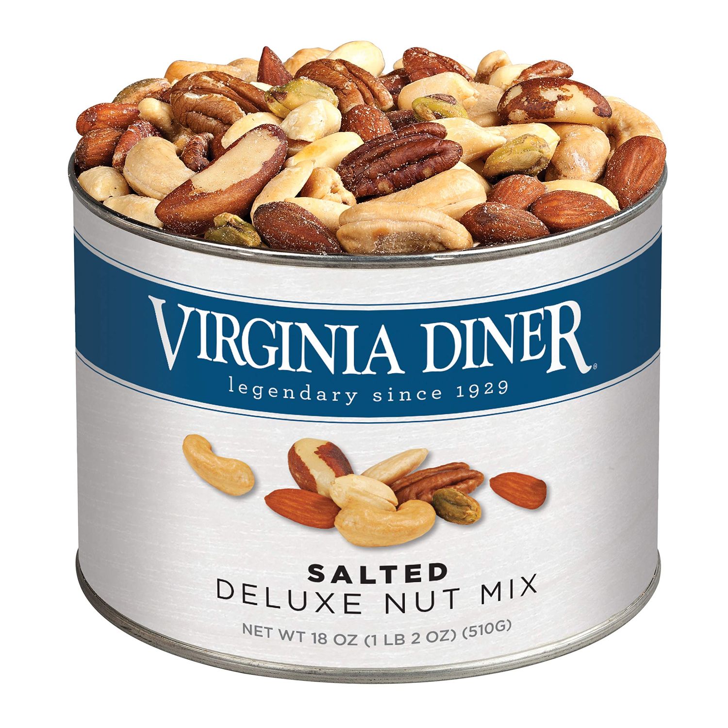 Virginia Diner - Gourmet Natural Deluxe Nut Mix (Virginia Peanuts, Almonds, Cashews, Pecans, Pistachios &amp; Brazil Nuts), 18 Ounce Tin