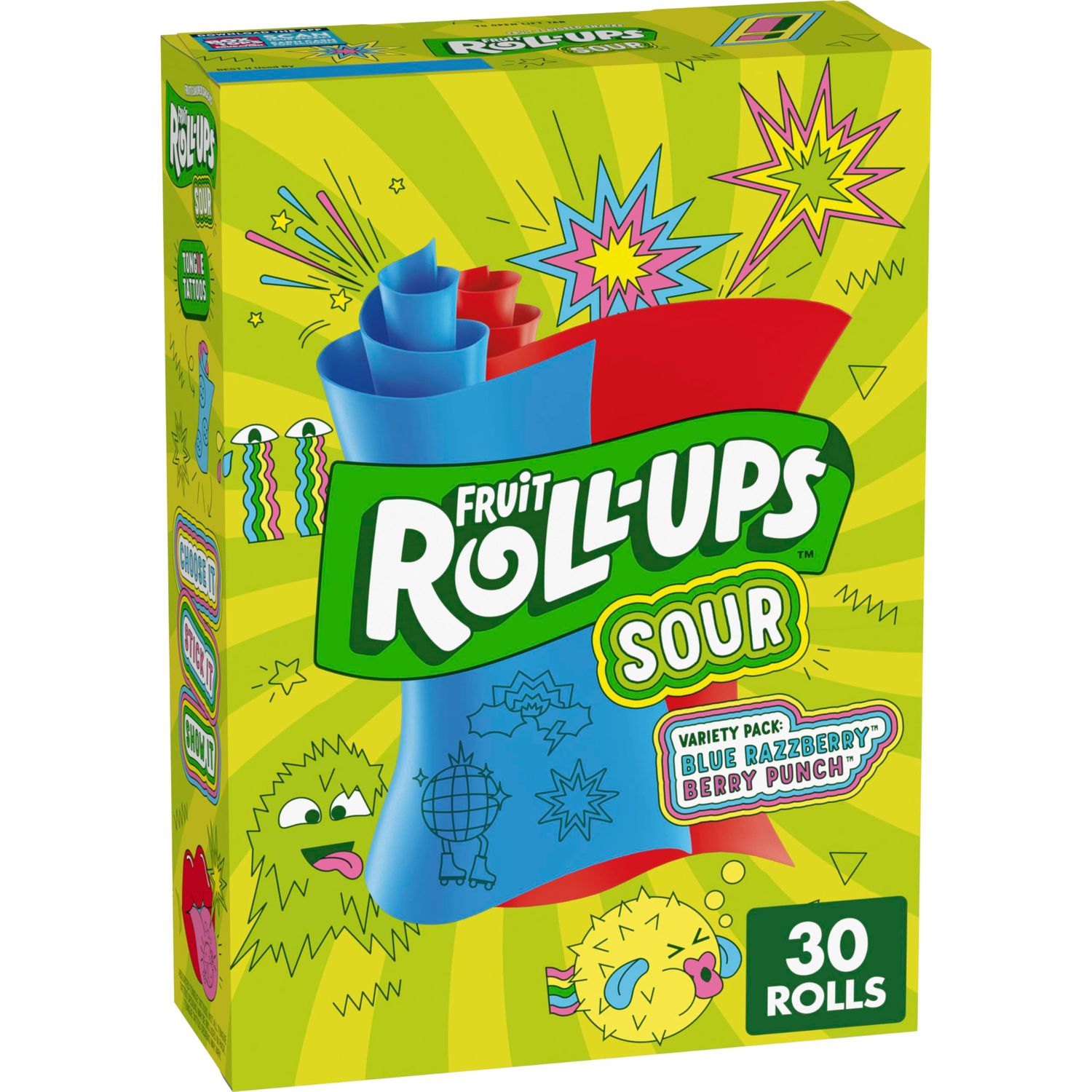Fruit Roll-Ups Sour Fruit Flavored Snacks, Blue Razzberry &amp; Berry Punch Flavors, Variety Pack, 15 oz (30 Count)