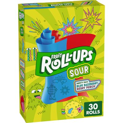 Fruit Roll-Ups Sour Fruit Flavored Snacks, Blue Razzberry &amp; Berry Punch Flavors, Variety Pack, 15 oz (30 Count)