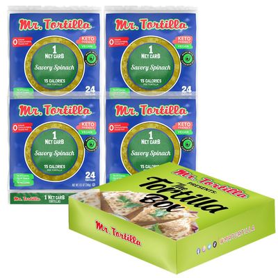 Mr. Tortilla Low Carb Tortilla Wraps - Keto Tortillas with Avocado Oil - Street Taco Size - 1 Net Carb per Serving - Low Calorie Keto Wraps - Low Carb Tortillas - (Savory Spinach, 96 Count)