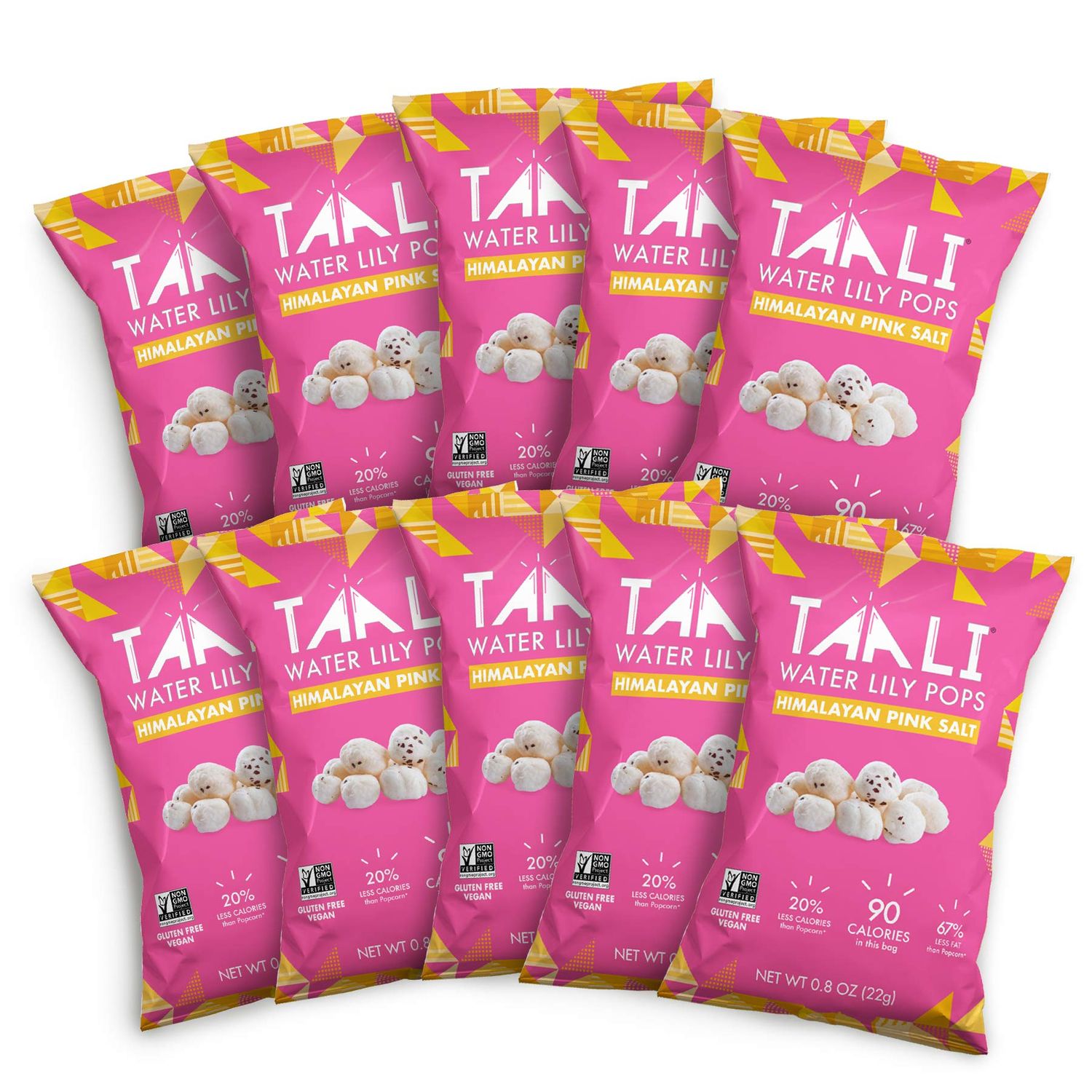Taali Himalayan Pink Salt Water Lily Pops (10-Pack) - Roasted Fox Nuts Makhana Snack  Crunchy Indian Healthy Snacks  Protein-rich, Vegan, Gluten Free, Non GMO  Individual 0.8 oz Bags