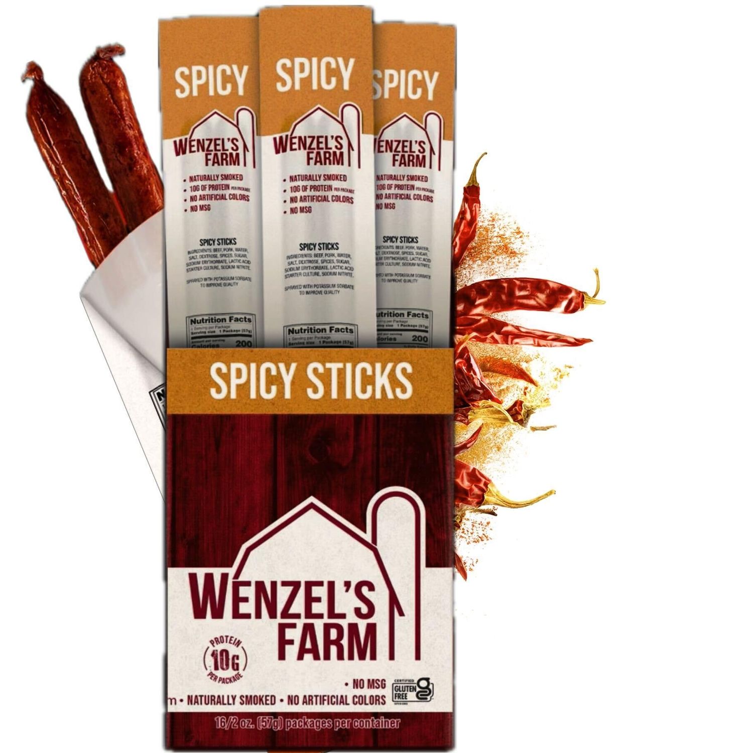 Wenzels Farm Spicy Sticks Supports Active Lifestyles  Flavorful, Naturally Smoked  High Protein, Low Carb  No MSG, Fillers, Binders, Artificial Colors  Gluten Free  32 sticks (16 packs of 2)