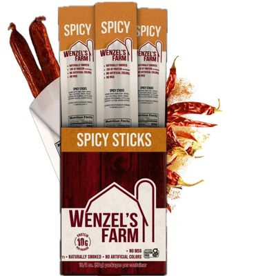 Wenzels Farm Spicy Sticks Supports Active Lifestyles  Flavorful, Naturally Smoked  High Protein, Low Carb  No MSG, Fillers, Binders, Artificial Colors  Gluten Free  32 sticks (16 packs of 2)