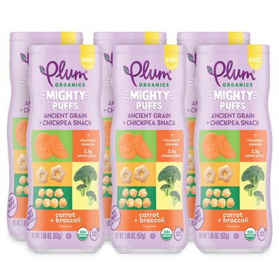 Plum Organics Mighty Puffs Organic Baby Food - Carrot and Broccoli - 1.85 oz Canister (Pack of 6) - Ancient Grains and Chickpea Snacks