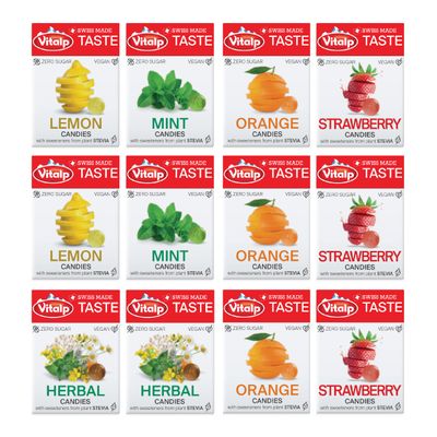Vitalp Taste, Swiss Made, Sugar Free Candy with Stevia, Vegan, Variety Pack, 3 Boxes Each of Strawberry and Orange and 2 Boxes Each of Mint, Lemon, and Herbal, 25g/0.88 Ounce Packs, 12 Boxes Total