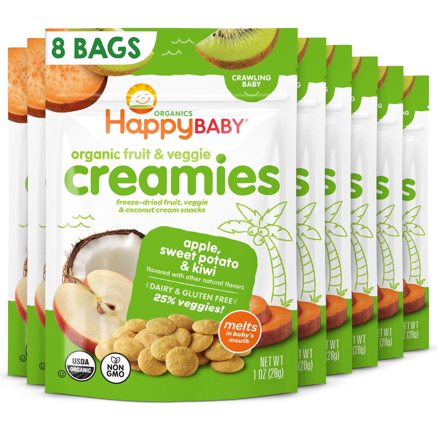 Happy Baby Organic Creamies Freeze-Dried Fruit, Veggie, &amp; Coconut Cream Snacks, with Apple, Sweet Potato, and Kiwi, Made for Crawling Baby, 1 Ounce (Pack of 8)