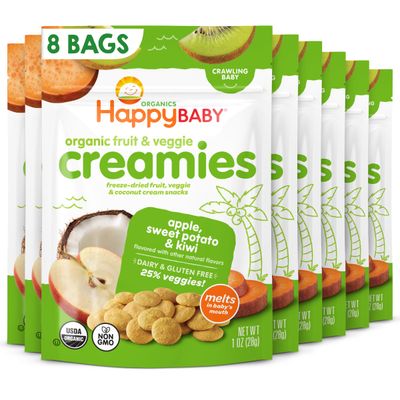 Happy Baby Organic Creamies Freeze-Dried Fruit, Veggie, &amp; Coconut Cream Snacks, with Apple, Sweet Potato, and Kiwi, Made for Crawling Baby, 1 Ounce (Pack of 8)