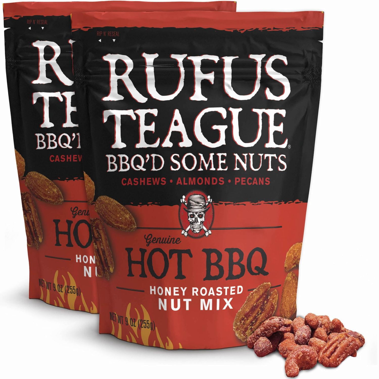 Rufus Teague Hot BBQ Honey Roasted Nuts Mix, Sweet &amp; Spicy Almonds, Cashews &amp; Pecans, 9 oz Resealable Pouch (No Peanuts), 2 Pack