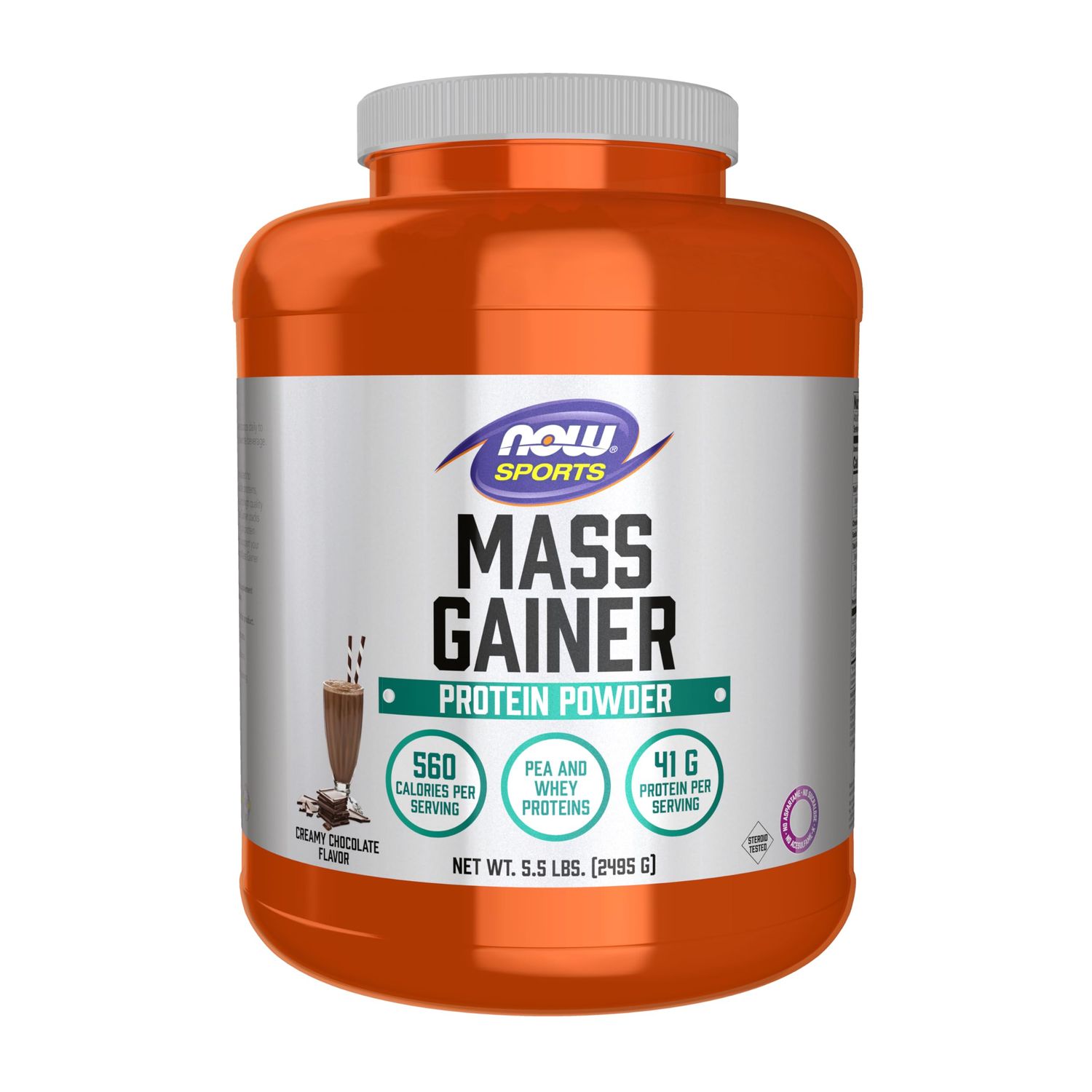 NOW Foods Sports Mass Gainer Protein Powder, Creamy Chocolate Flavor, Pea and Whey Protein Blend, 5.5 lbs.
