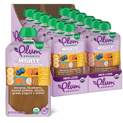 Plum Organics Mighty 4 Organic Toddler Food - Banana, Blueberry, Sweet Potato, Carrot, Greek Yogurt, and Millet - 4 oz Pouch (Pack of 12) - Organic Fruit and Vegetable Toddler Food Pouch