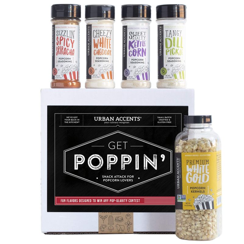 Urban Accents GET POPPIN&#39;, Gourmet Popcorn Seasoning Gift Set (Set of 5) - Delicious Non-GMO Popcorn Kernels and 4 Gourmet Popcorn &amp; Snack Mix Seasonings